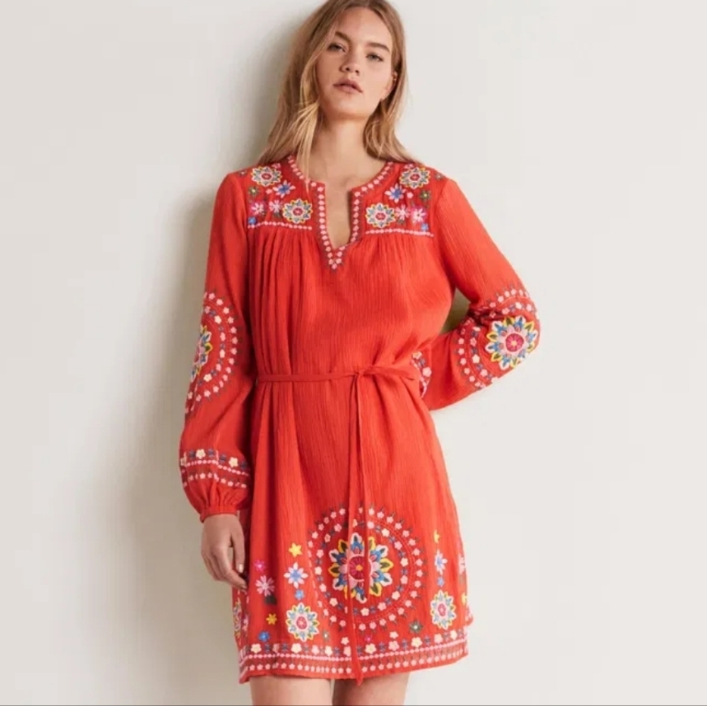 Boden Bohemian Floral Embroidered Cotton Gauzy Shift Dress SIZE 6L - Picture 9 of 9